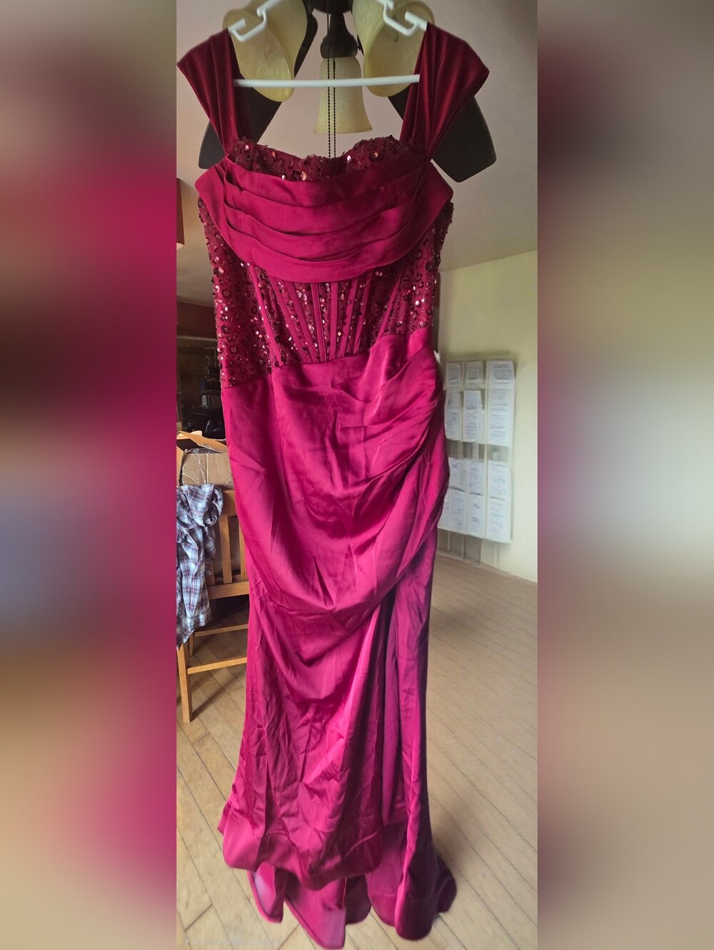 Elegant Burgundy Sequin Draped Prom Gown
